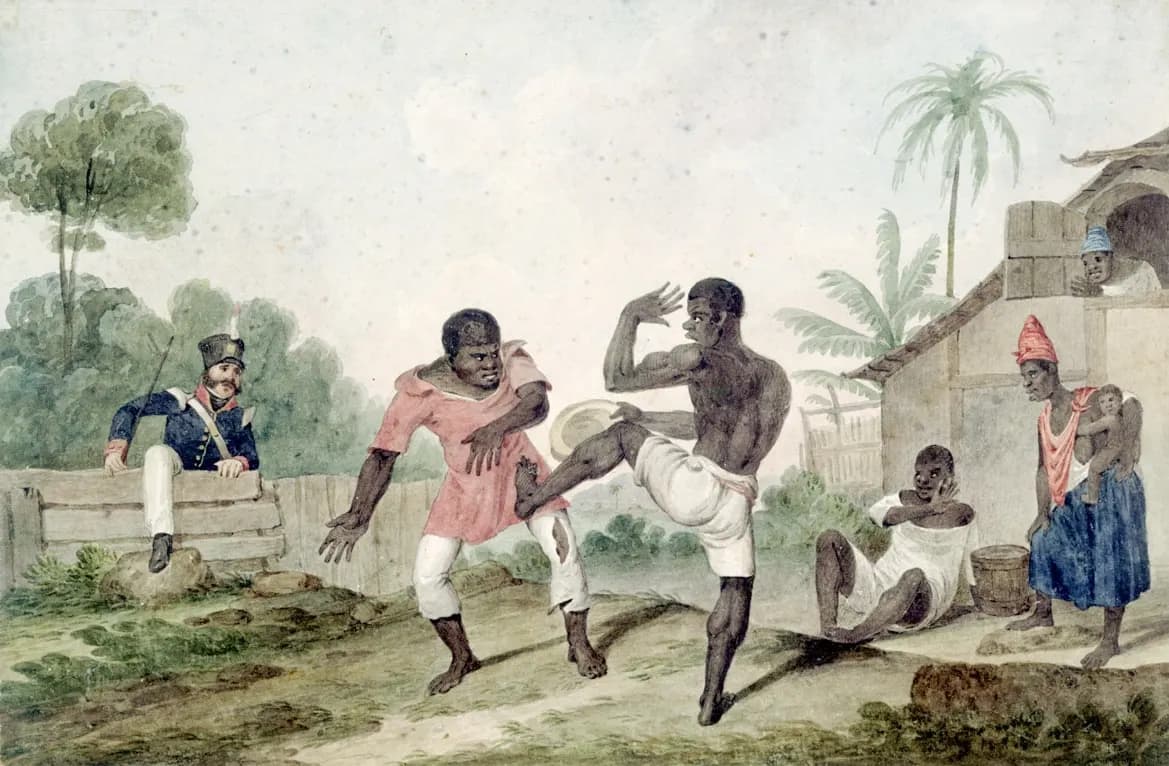 Aquarela antiga mostrando dois homens negros jogando capoeira ao ar livre, observados por outras pessoas e por um soldado